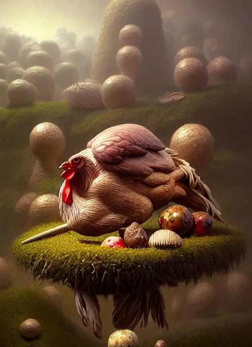 Prompt: a hyper - detailed 3 d render like a oil painting of the 🐔🍧🍼🍄🗿👤🎨, surrealism!!!!! surreal concept art, lifelike, photorealistic, digital painting, aesthetic, smooth, sharp focus, artstation hd, by greg rutkowski, chris tulloch mccabe, valentina remenar and asher duran,
