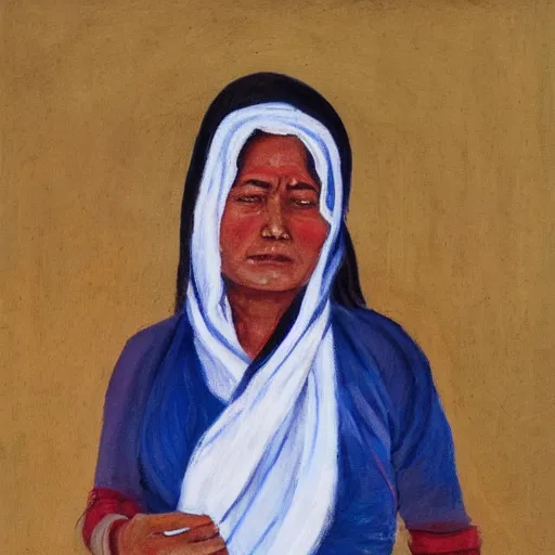 Image similar to a nepali woman wearing a white shawl, sad, bloody, oil painting