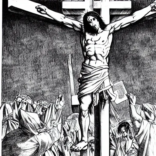 Image similar to Jesus christ on the cross, by Kentaro Miura, manga, black and white, pen and ink, high detail