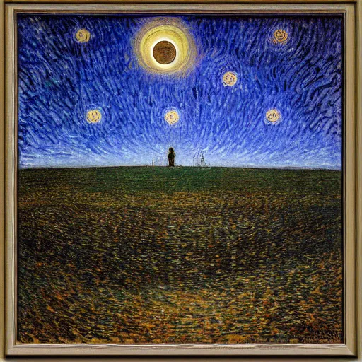 Prompt: stars, solar eclipse, looming over the earth, hdr, hq, painting by gustave dore and vincent van gogh