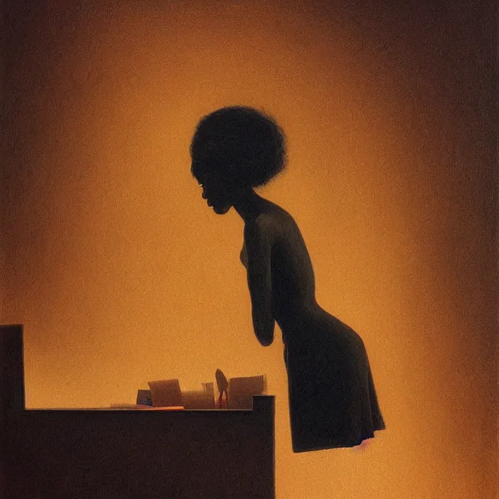 Prompt: black woman looking through paper bags, artstation, art by, , edward hopper, Zdzislaw Beksinski, highly detailed