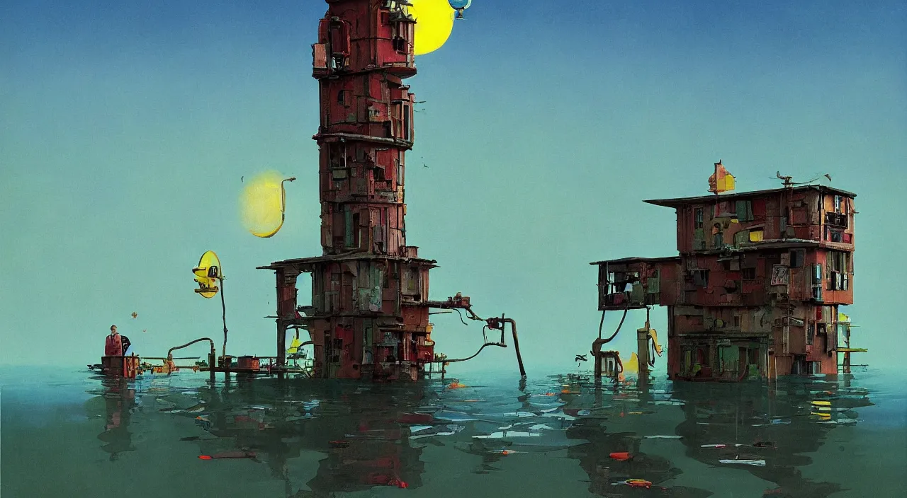 Prompt: flooded colorful surreal lonely single ancient worm tower, very coherent high contrast!! painting by stalenhag spitzweg magritte syd mead norman rockwell edward hopper james gilleard, dark shadows, sunny day, triadic color scheme, hard lighting, masterpiece