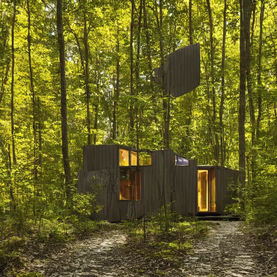 Image similar to a tiny house in a light forest clearing, designed by Frank Gehry. Tiles. Gravel pathway. Film grain, cinematic, yellow hue