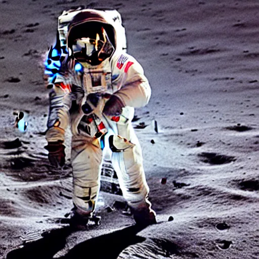 Image similar to photo of an astronaut wearing a mercury suit holding an electric guitar on the moon. detailed