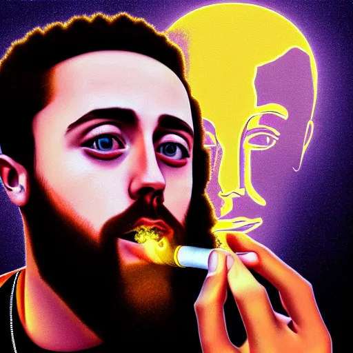 Prompt: an ultra detailed picture portrait of Mac Miller and Jesus smoking a joint in heaven, 8k, photorealistic,