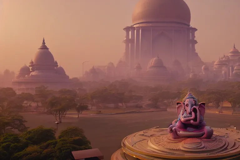 Prompt: beautiful futuristic new delhi, sci - fi ganesha!! building, kalighat flowers, octane highly detailed cinematic, stephen shore & john j. park, soft morning light, wide shot, aerial shot, uhd 8 k, shallow depth of field