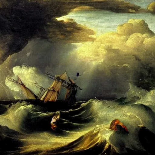 Prompt: a stormy ocean with beautiful clouds. famous renaissance oil painting. beautiful composition.