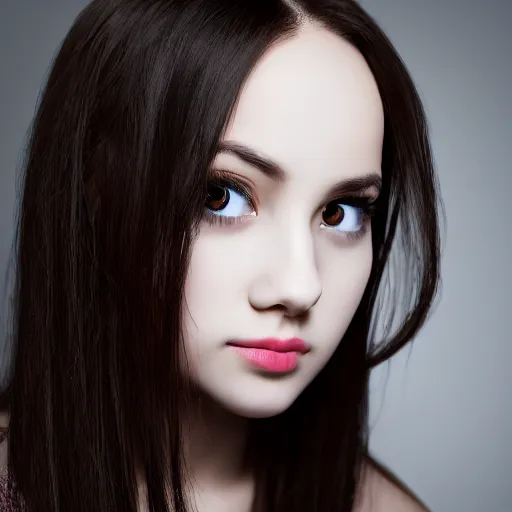 Image similar to photograph of girl with big forehead with square face and small bird beak lips and small round nose and dark black, high detail 8k,