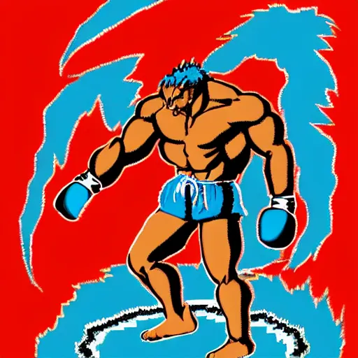 Prompt: full body portrait. 1 6 bit sega graphics. antropomorphic muscular masculine wolf, kickboxer fighter, in shorts, in front of burning street. wolf head. furr on body. at night. 1 9 8 9