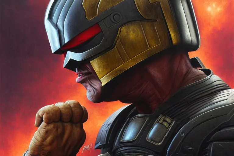 Prompt: poster portrait of sly stallone as judge dredd ( 2 0 1 1 ). artwork, 4 k digital art, 8 0's style tomasz alen kopera, peter mohrbacher, donato giancola, boris vallejo, drew struzan realistic detailed oil painting, urban horror, frank frazetta