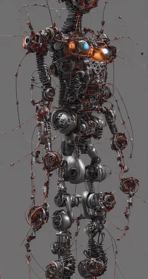 Prompt: Techno-biological rusty robot geisha consisting of wires and actuators. Biopunk, body armor, high detail, photorealism, full length view, concept art, Dan Mumford, Quixel Megascans, octane render, 16k, 8k