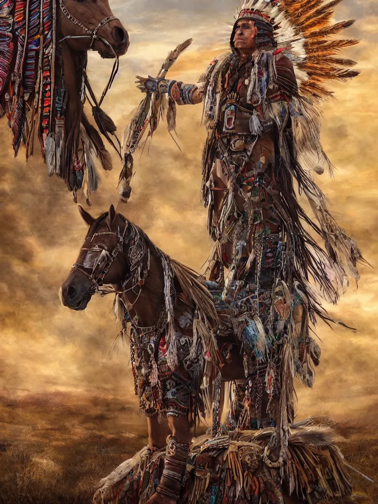 Prompt: American Indian warrior, stands looking at his horse, sacred feathers adorn, in a valley of quartz crystals, camp fire glows, hyper realistic, dystopian, solarpunk, steampunk, Mayan gods, realism, scifi magic imagery, best algorithm, digital cinema camera, cooke lens feel, wide angle, 3D modelling, digital art, art by artgerm