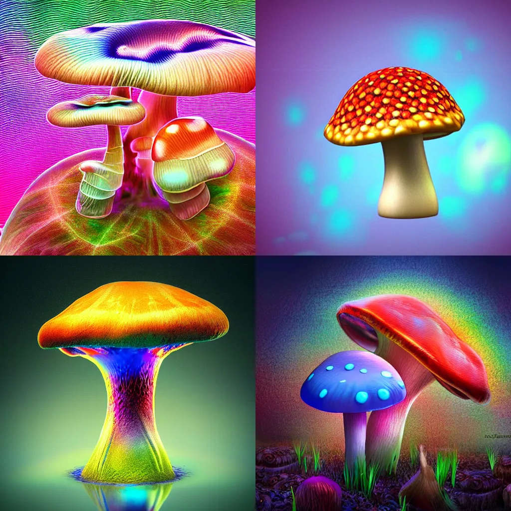 Prompt: recursive mushroom, rainbow intricate luminescent fractal mushroom, mushrooms growing on a mushroom, fine mist in the background, mushroom made of fractals, HD digital render