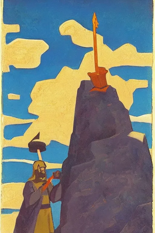 Image similar to thor holding the hammer, stay on mountain, marvel, artwork by nicholas roerich,