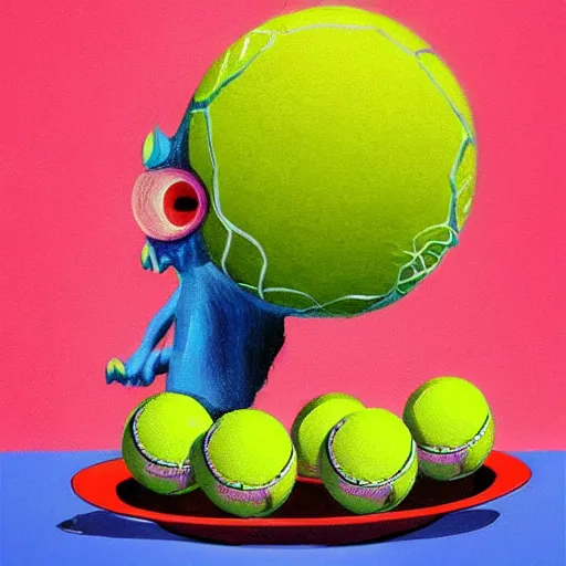 Prompt: a tennis ball monsters eating breakfast, colorful, digital art, fantasy, magic, chalk, trending on artstation, ultra detailed, professional illustration by basil gogos