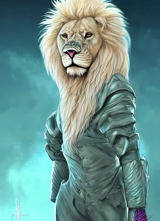 Prompt: aesthetic portrait commission of a of a male fully furry muscular anthro albino lion with a tail and a beautiful attractive hyperdetailed face wearing stylish and creative mint outfit made out of silk in a sci - fi dystopian city at golden hour while it storms in the background. character design by dayer, diego 5, detailed, inked, western comic book art, award winning film poster painting