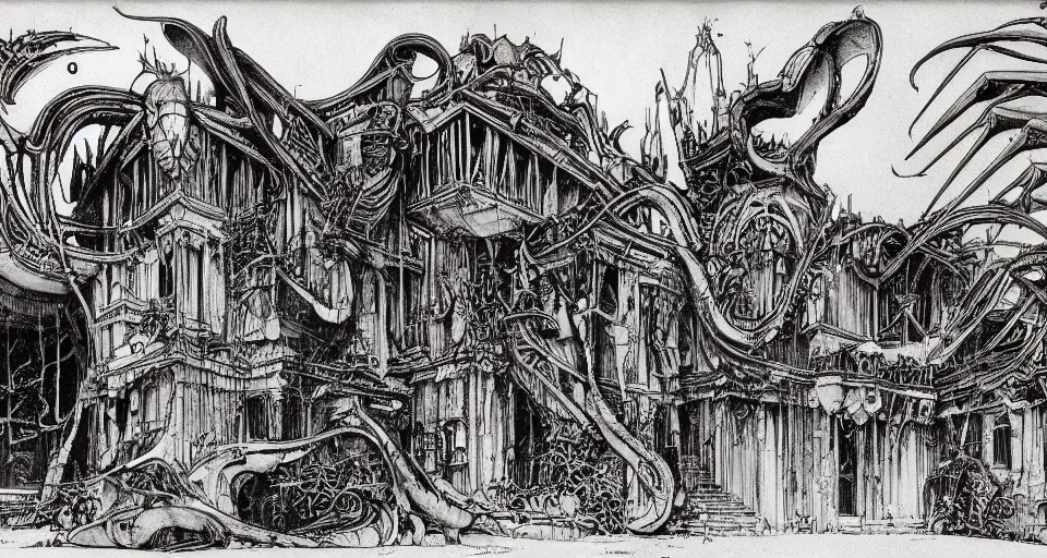 Prompt: the house harkonnen designed by hr giger moebius leonardo da vinci anton la vey and yasushi nirasawa