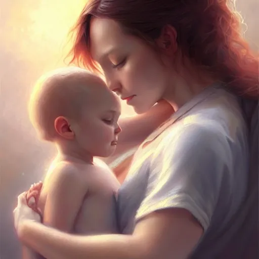 Prompt: pure love is patient love is kind, mother and child ; photorealistic oil painting by charlie bowater and mark brooks ; highly detailed cute faces by wlop ; trending on artstation