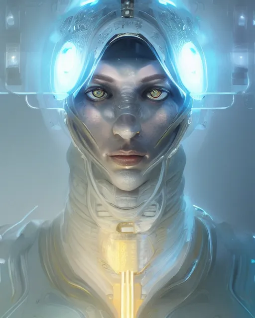 Image similar to detailed portrait of a cyborg, necromancer, benevolant, scifi, futuristic, elegant cape, intelligent, alien room background, white, blue, gold, trending on artstation, soft light, holy machine, advanced technology, art by vitaly bulgarov and nivanh chanthara