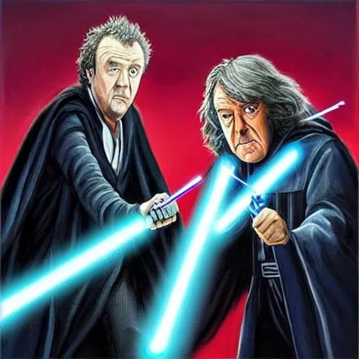 Prompt: “Jeremy Clarkson as a Sith dueling James may as a Jedi, with lightsabers, oil painting”