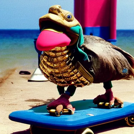 Image similar to a dodo wearing a ballcap and gold chain around its neck, on a hover board at a skate park at the beach, 1990s cartoon, teenage mutant ninja turtles