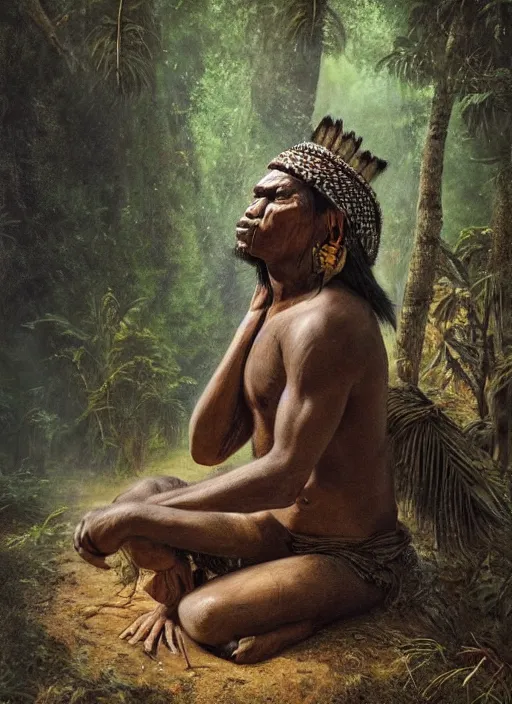 Image similar to a beautiful portrait of an indigenous man sitting in the jungle, taking tobacco snuff, praying with tobacco, mysterious atmosphere, fantasy art, matte painting, highly detailed