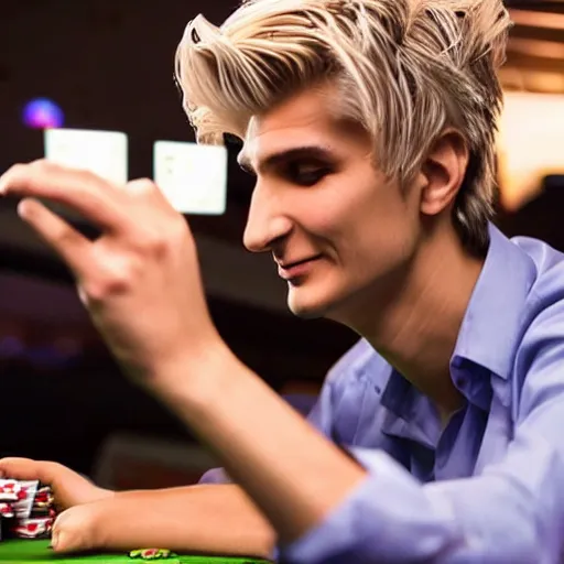 Image similar to closeup of handsome gigachad XQC gambling
