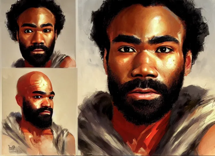 Prompt: a highly detailed beautiful portrait of donald glover as kratos, by gregory manchess, james gurney, james jean