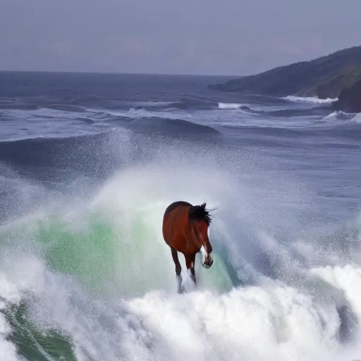 Image similar to Photograph of a horse running away from a giant wave of tsunami