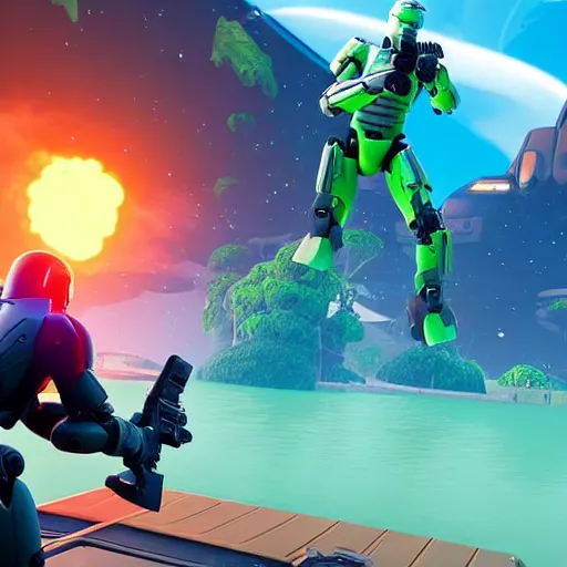 Image similar to Master Chief drowning in a lake, while Robocop watches from the shore, a screenshot from Fortnite