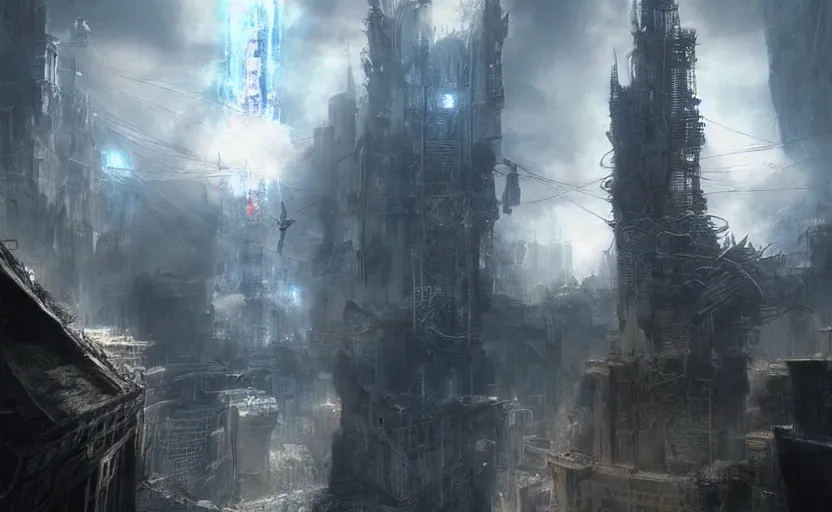 Prompt: resonance of fate tower art, the last guardian skinny towers, looking down from an infinite spire poking out of the clouds, spire connected with rope bridge!!, babel, vertigo, huge distance, by craig mullins, by ruan jia!, ( ( dr sues ) ), cold, dramatic lighting