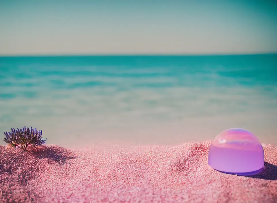 Prompt: a pastel coloured vintage family holiday photo of an empty beach from an alien dreamstate world with chalky pink iridescent!! sand, reflective lavender ocean water, dim bioluminescent plant life and an igloo shaped shiny plastic transparent festival speakers. glare. refraction, volumetric light.