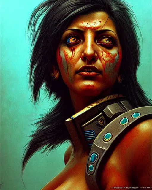 Prompt: pharah from overwatch, character portrait, portrait, close up, concept art, intricate details, highly detailed, horror poster, horror, vintage horror art, realistic, terrifying, in the style of michael whelan, beksinski, and gustave dore