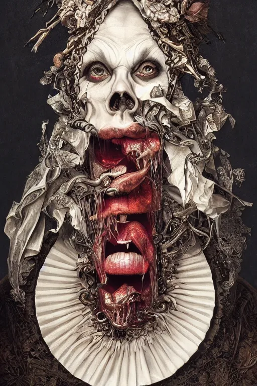 Image similar to Detailed maximalist portrait with large lips and with large white eyes, angry, exasperated expression, skeletal, HD mixed media, 3D collage, highly detailed and intricate, surreal illustration in the style of Caravaggio, dark art, baroque