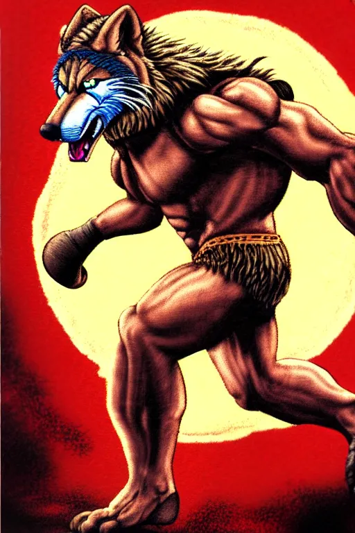 Prompt: extreme long shot. 8 bit nes graphics. antropomorphic muscular masculine wolf. kickboxer fighter, ( in shorts ). wolf head. art from nes game cartridge. 4 k, doom 2 0 1 6