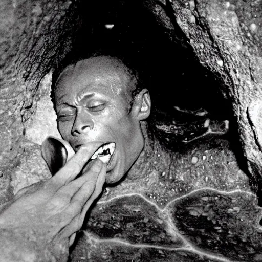 Image similar to photo inside a cavern of a wet reptilian humanoid miles davis partially hidden behind a rock, with black eyes, open mouth and big teeth