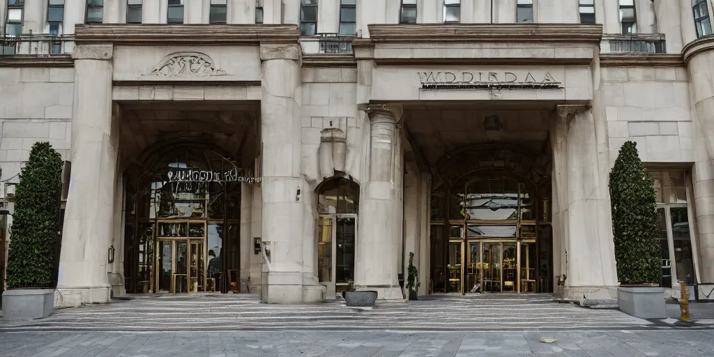 Image similar to outside the waldorf astoria main entrance, wide angle lens, high quality, architectural photoshoot