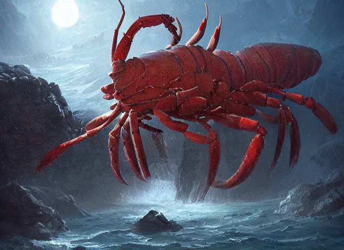 Prompt: a giant lobster monster in a rocky chasm. dreamy fantasy art by greg rutkowski