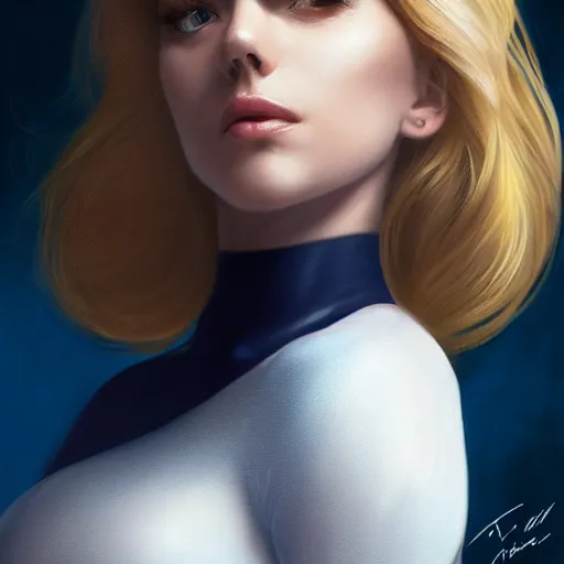 Image similar to a beautiful portrait of a beautiful cute superhero woman, blonde hair, matte navy - blue bodysuit, white cape, intricate, elegant, 8 k, highly detailed, ultradetailed, digital painting, concept art, smooth, sharp focus, illustration, disney, artgerm and loish and wlop and alphonse mucha