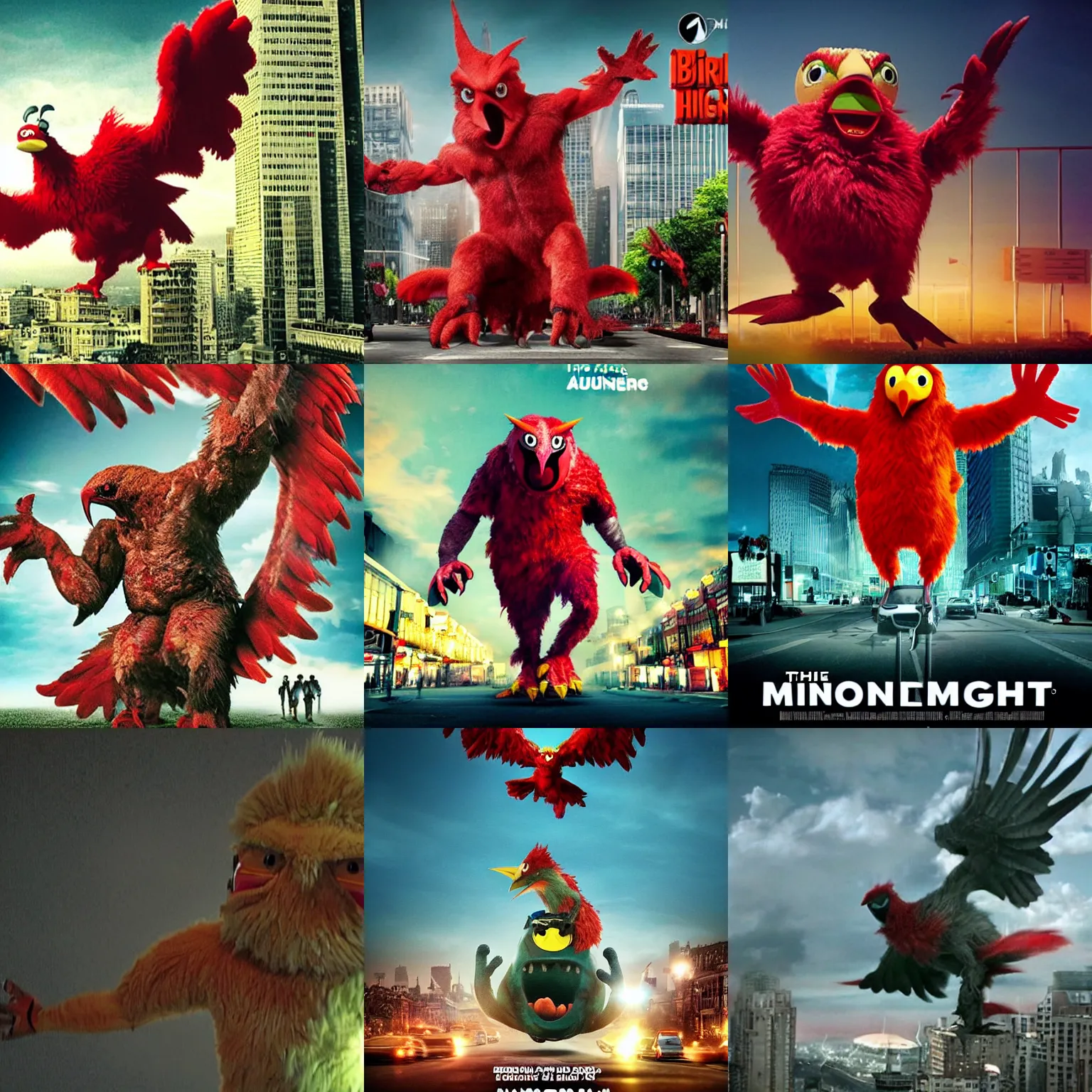 Prompt: The bird mascot of Auchan as a huge monster terrorising a city at night, still from a movie