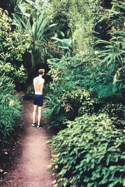 Prompt: kodak ultramax 4 0 0 photograph of a skinny guy standing in an exotic garden, back view, grain,