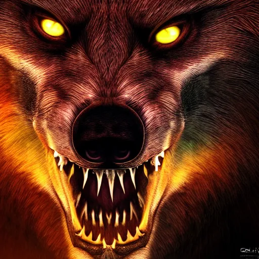 Image similar to a portrait of a scary snarling werewolf with sharp fangs and claws that is howling at the moon, highly detailed, digital photo, hdri, by christopher bretz and john carpenter, vivid colors, high contrast, 8 k resolution, intricate, photorealistic, smooth, psychedelic color scheme, concept art, award winning, cg society contest winner