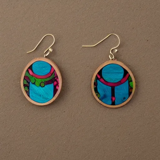 Image similar to wood earrings with crazy shapes and designs, symmetrical