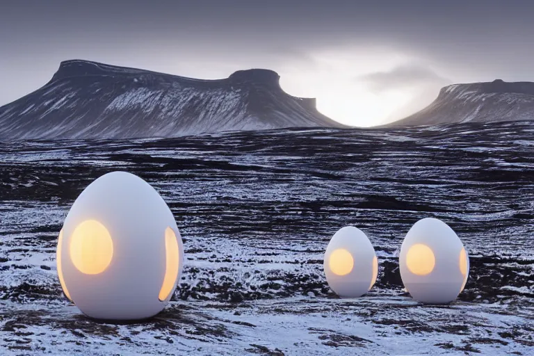 Image similar to several white future cyberpunk egg shaped buildings shine on a barren mossy mountain in iceland, and many wild animals, by hiroshi sugimoto and paul lehr and john schoenherr and john harris