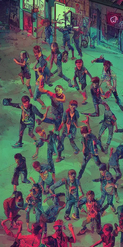 Prompt: young punk rockers fighting against zombies at the playground, by baseball bat in the retro wave stranger things style, neon colors, hyper detailed, digital art, cinematic lighting, concept art by artgerm and greg rutkowski and caravaggio and moebius and jakub rebelka