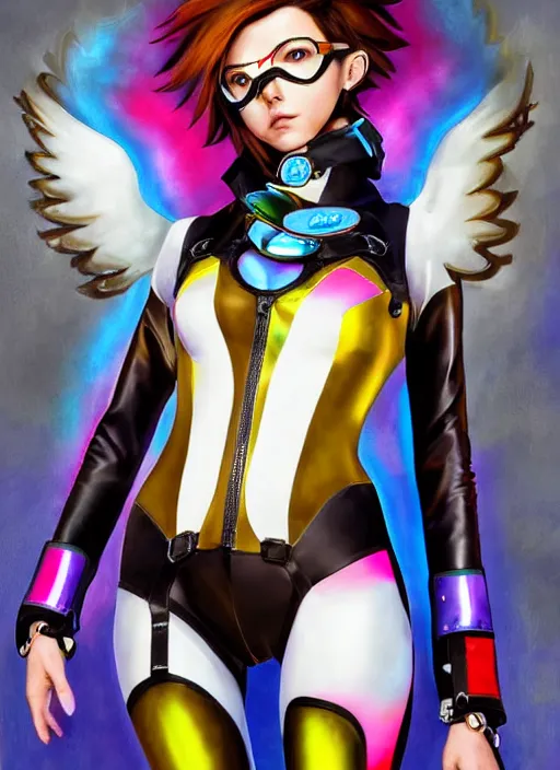 Image similar to portrait digital artwork of tracer overwatch, wearing iridescent rainbow latex and leather straps catsuit outfit, in style of mark arian, angel wings, dramatic painting, wearing detailed leather collar, chains, black harness, detailed face and eyes,