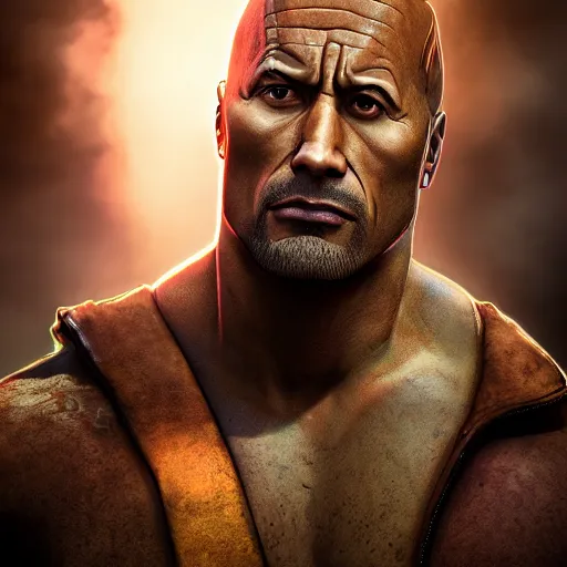 Image similar to dwayne douglas johnson portrait, borderlands, tales from the borderlands, the wolf among us, comic, cinematic lighting, studio quality, 8 k