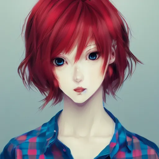 Image similar to full headshot portrait of woman with red hair and blue, digital art, drawn by WLOP, by Avetetsuya Studios, anime manga panel, trending on artstation, wearing a plaid shirt