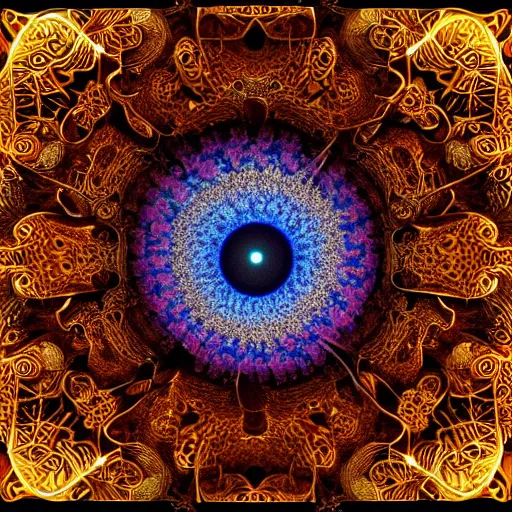 Image similar to human eye, nature, mandelbrot fractal, veins, arteries,, intricate, golden ratio, full frame, microscopic, elegant, highly detailed, ornate, ornament, sculpture, elegant , luxury, beautifully lit, ray trace, unreal, eye fish lens, 3d, PBR, radial symmetry, in the style of peter Gric and Romero Ressendi