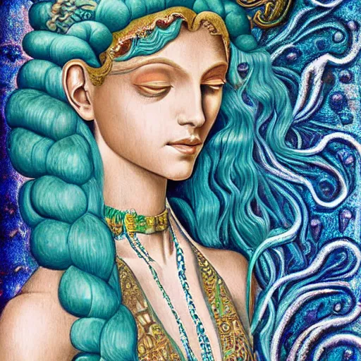 Image similar to intricate details, hyper detailed, mystic alchemical occult art, sumerian goddess inanna ishtar, ashteroth, techno mystic goddess princess intergalactica, with aqua neon rapunzel dreadlocks, detailed, wearing seashell attire, crystal pathway to atlantis floating on the sea, by sandro botticelli